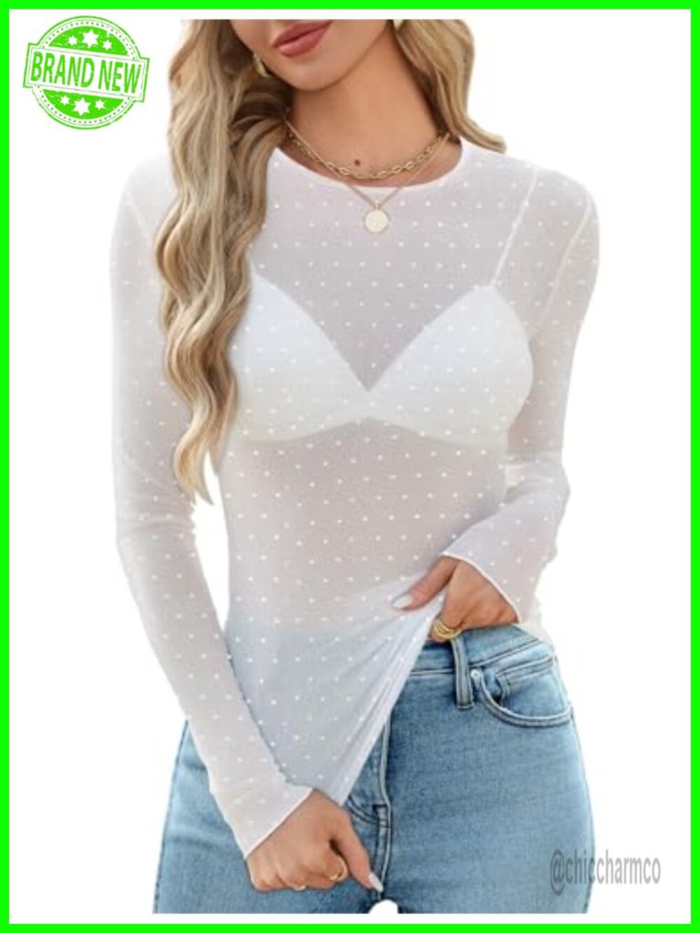 Womens Mesh Lace Long Sleeve Slim Fitted Sheer Blouse Top